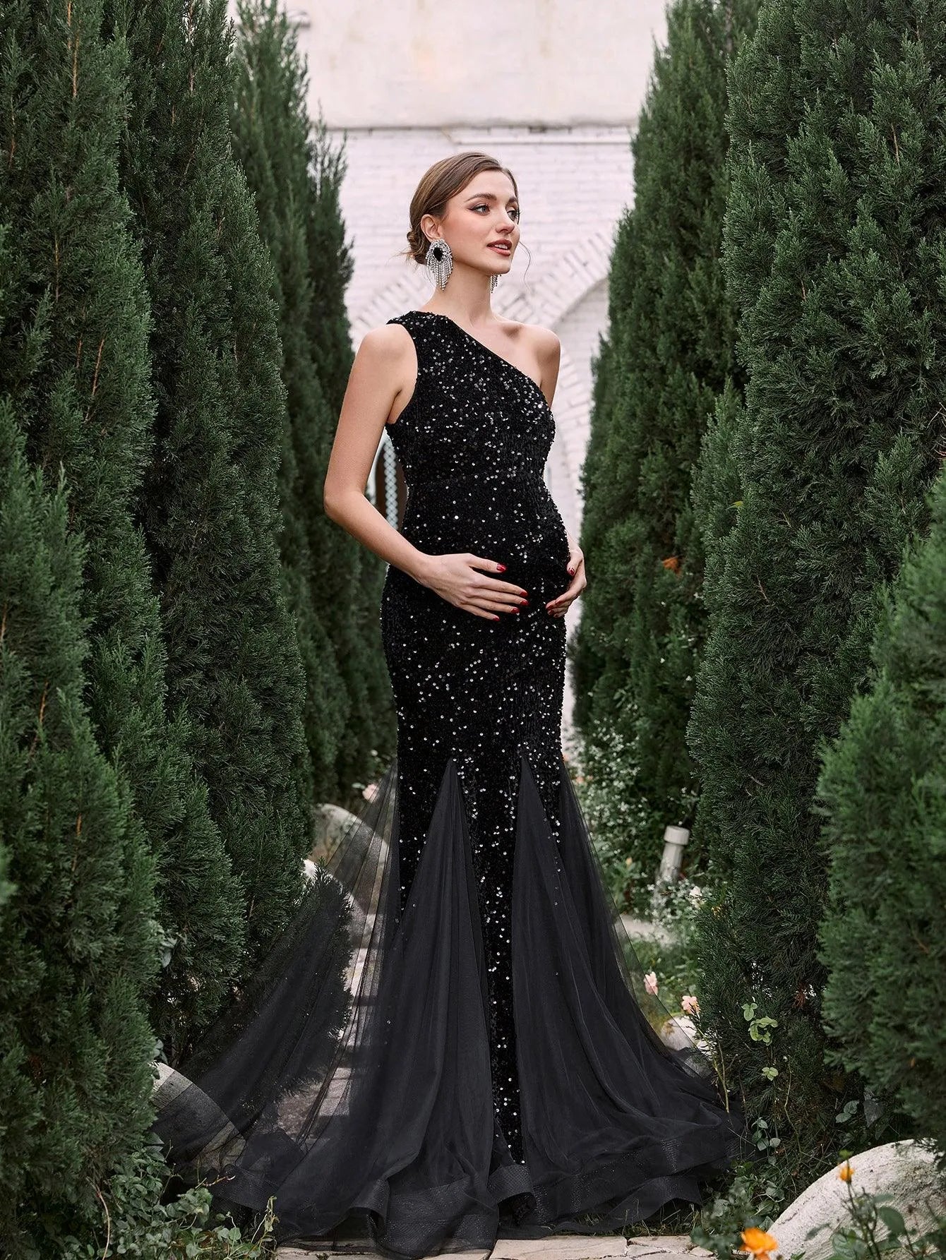 Maternity One Shoulder Mesh Mermaid Hem Sequin Dress - Elonnashop