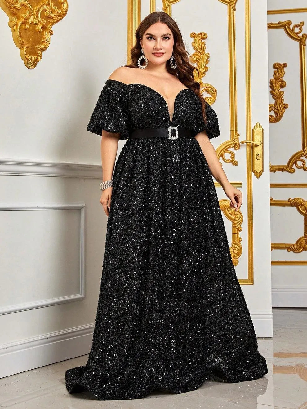 Plus Off Shoulder Puff Sleeves Sequin Formal Dress - Elonnashop