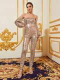 Off Shoulder Lantern Sleeves Sequin Belted Party Jumpsuit - Elonnashop