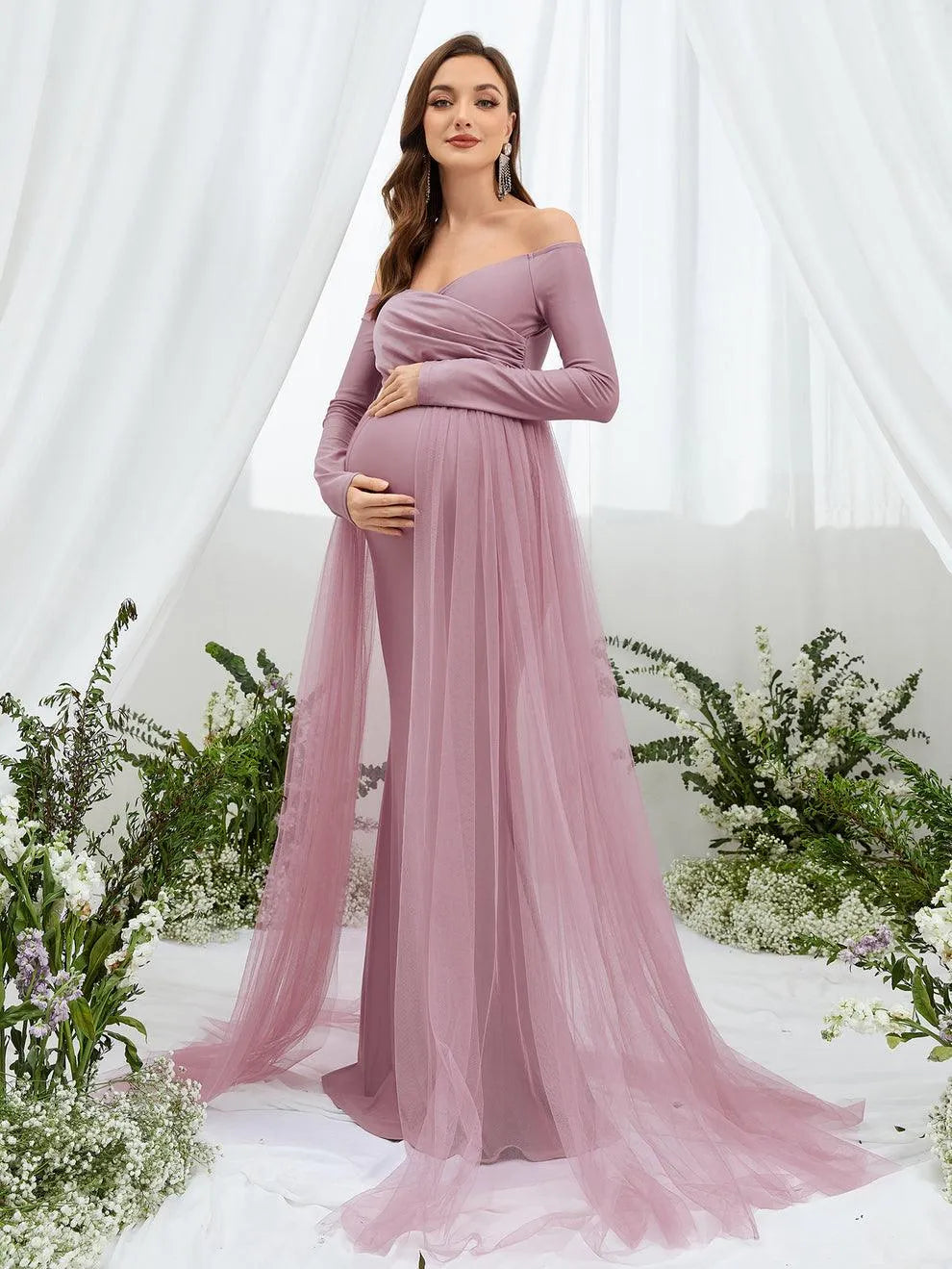 Maternity Off Shoulder Contrast Mesh Mermaid Dress - Elonnashop