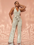 Chic Halter Neck Backless Sequin Belted Jumpsuit - Elonnashop