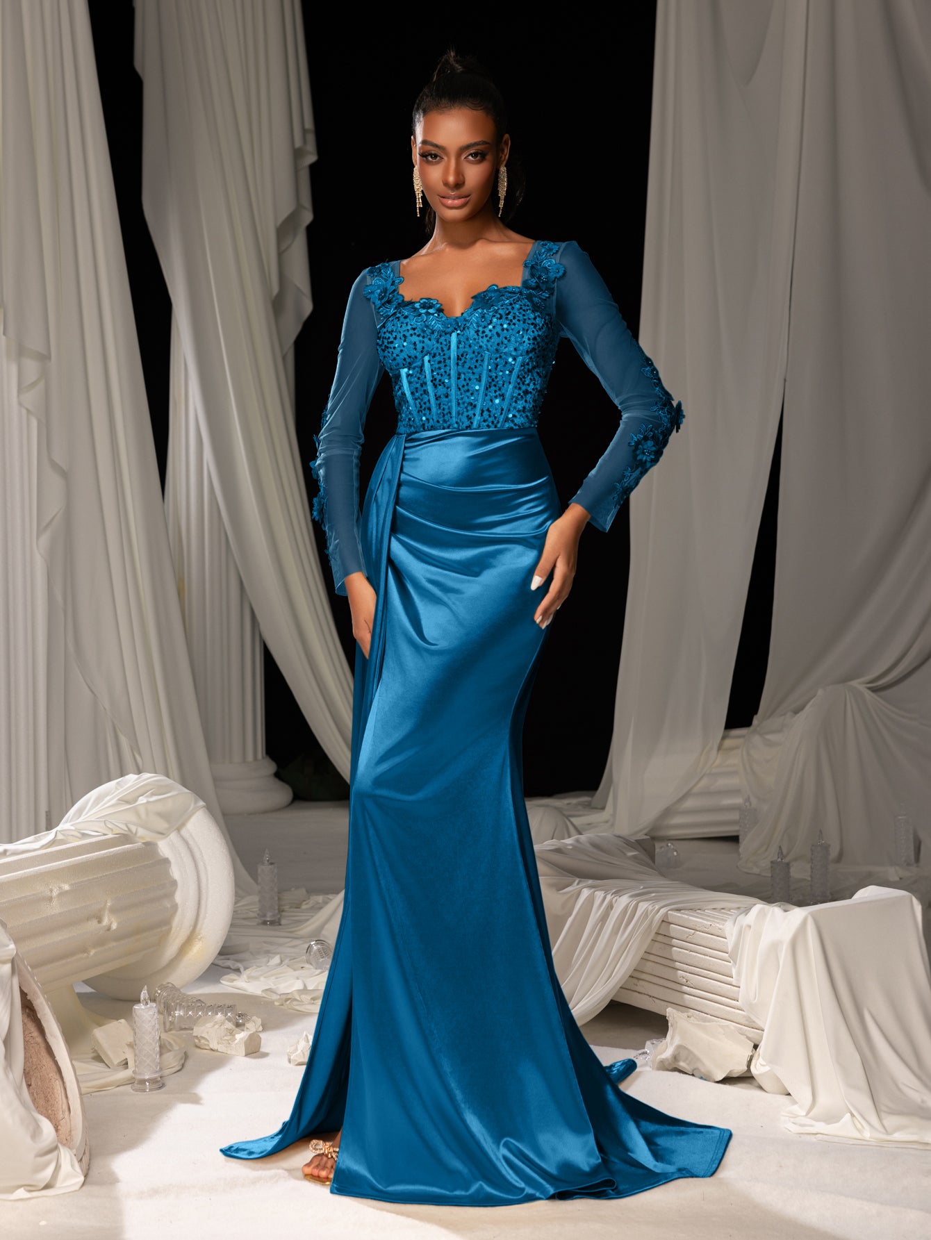 Elegant Sequin Bodice Sheer Sleeves Mermaid Hem Satin Evening Dress