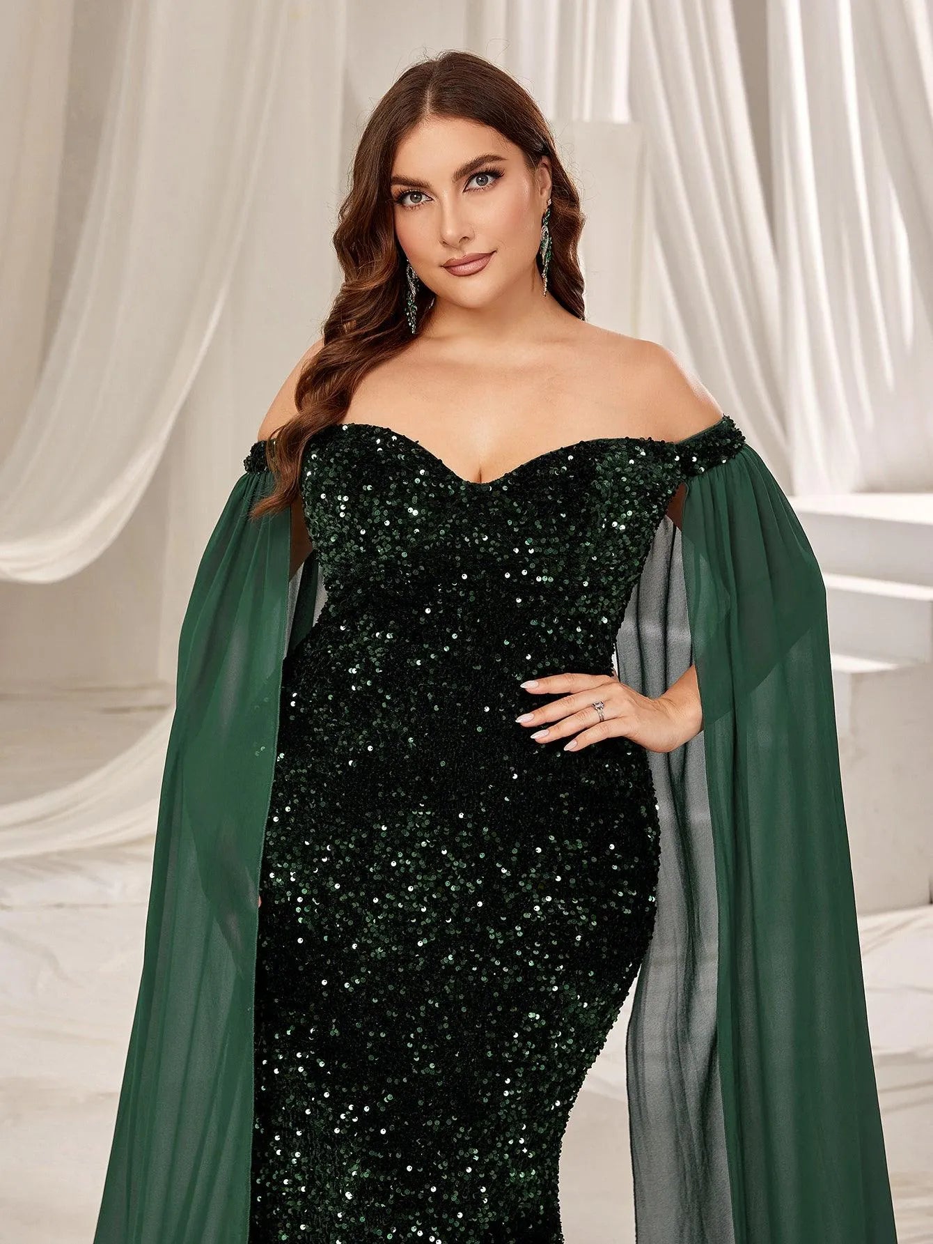 Plus Off Shoulder Extra-Long Sleeve Sequin Mermaid Dress - Elonnashop