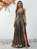 Elegant Spaghetti Strap Metallic A Line Prom Dress - Elonnashop