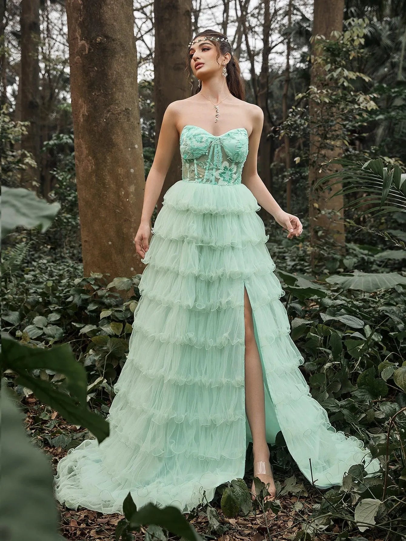 Gorgeous Floral Sequin Bustier Split Ruffle Layered Hem Prom Tube Dress Gorgeous Floral Sequin Bustier Split Ruffle Layered Hem Prom Tube Dress