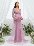 Maternity Surplice Neck Contrast Mesh Sequin Party Dress - Elonnashop