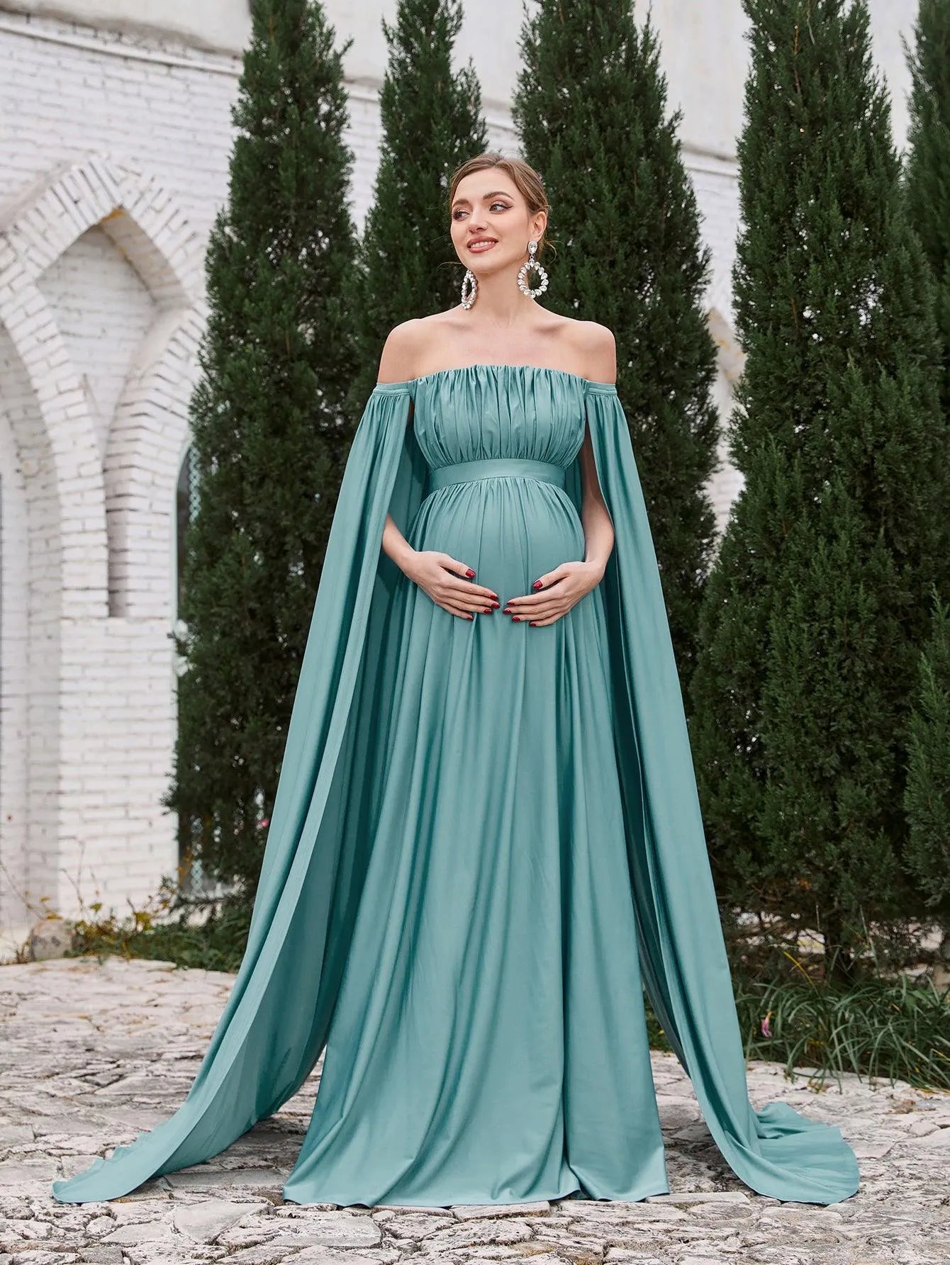 Maternity Off Shoulder Cape Sleeves Maxi Prom Dress Champagne XL