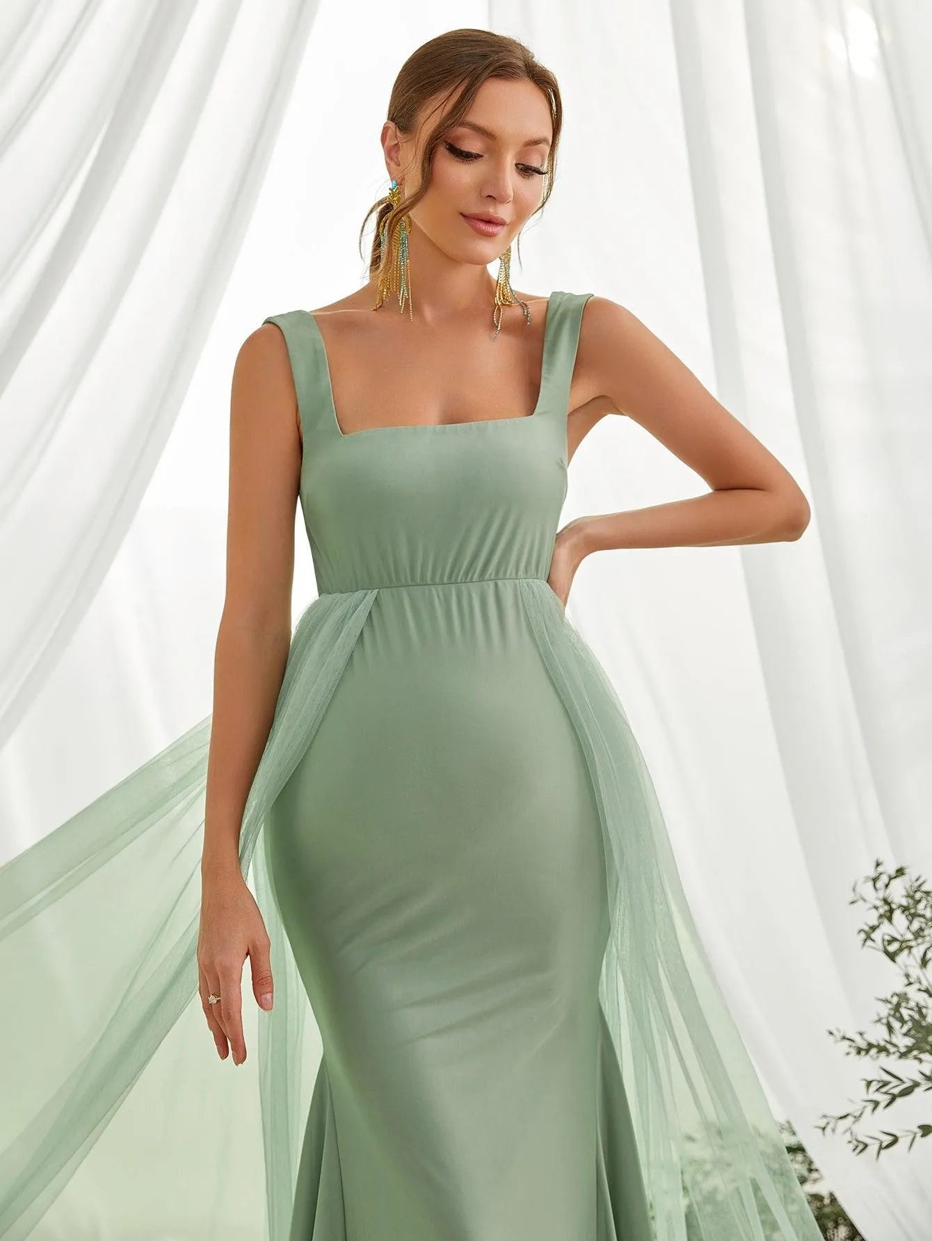 Maternity Contrast Mesh Square Neck Mermaid Dress - Elonnashop