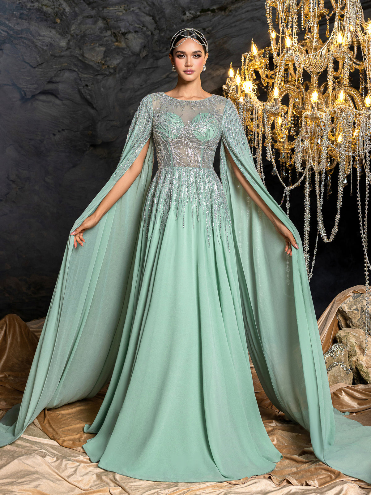 Elegant Chiffon Evening Gown with Sheer Embroidered Bodice, Rhinestone Sequin Detail, Transparent Mesh Back & Flowy Draped Skirt