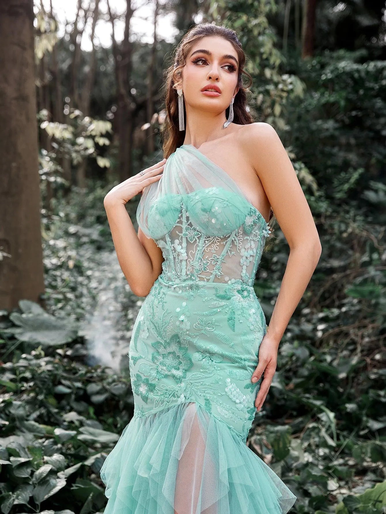 Luxury One Shoulder Tulle Overlay Mermaid Hem Floral Sequin Prom Dress - Elonnashop