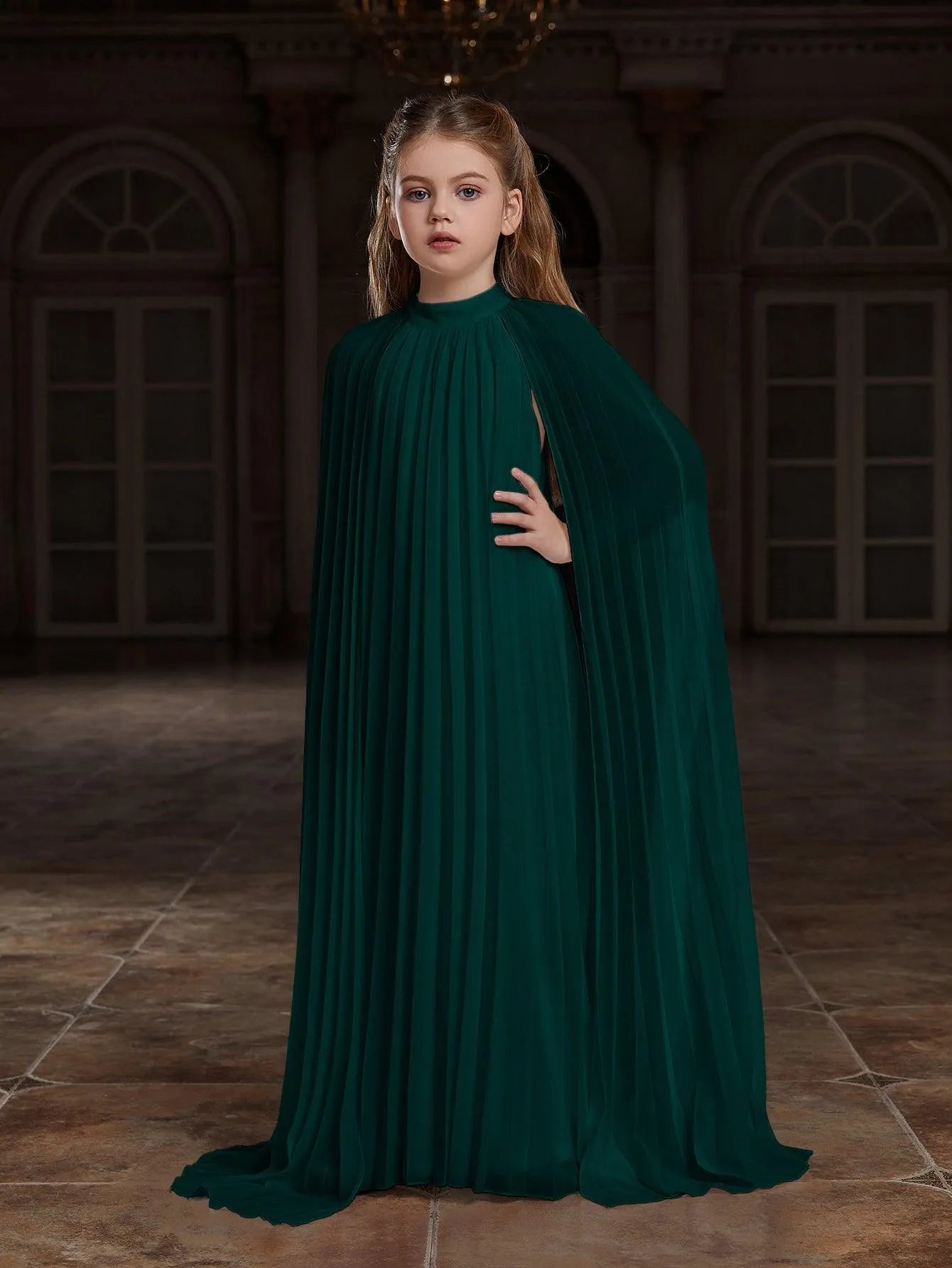 Tween Girls' Mock Neck Extra-Long Sleeves Pleated Chiffon Dress - Elonnashop