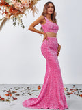 Stylish Sequin Sleeveless Crop Top & Sequin Slit Skirt Two Piece Set