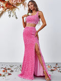 Stylish Sequin Sleeveless Crop Top & Sequin Slit Skirt Two Piece Set