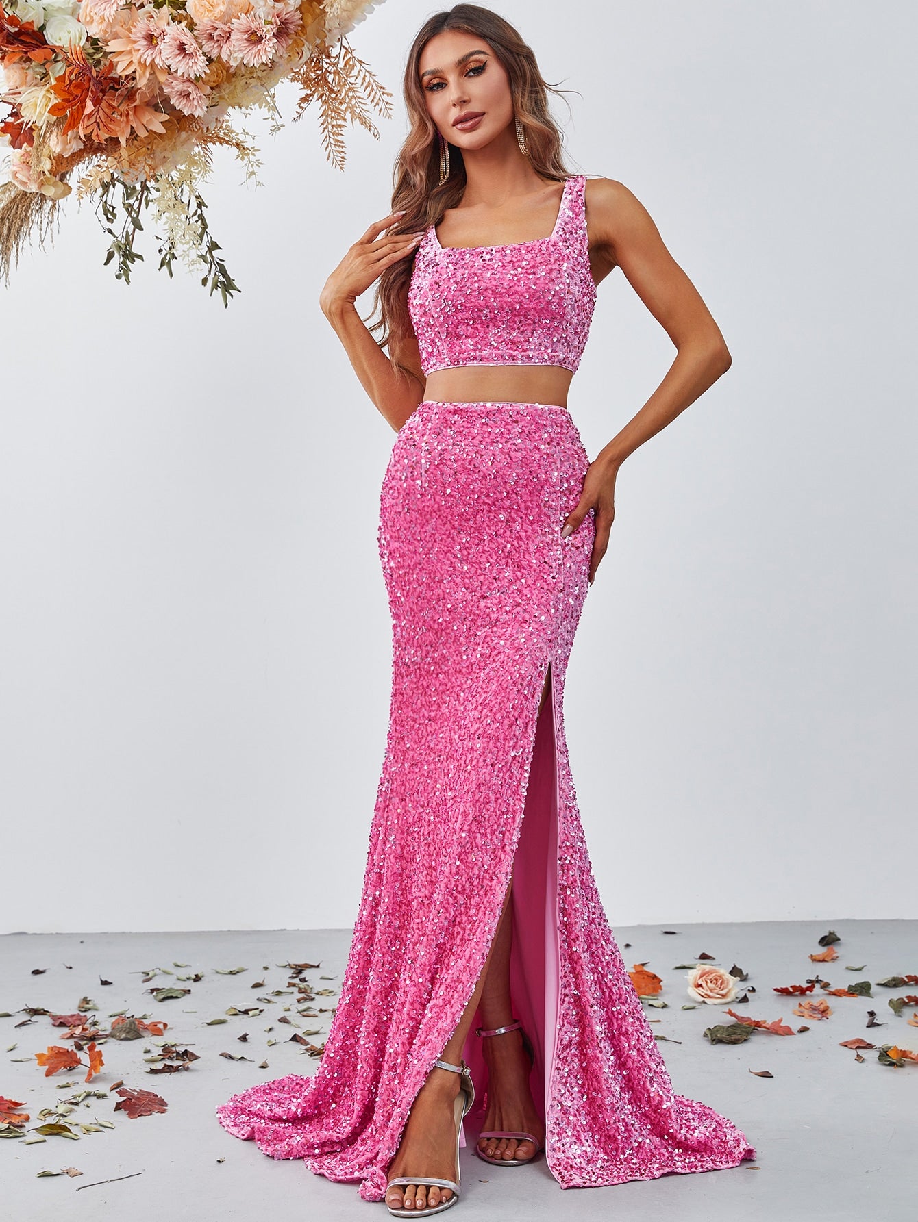 Stylish Sequin Sleeveless Crop Top & Sequin Slit Skirt Two Piece Set