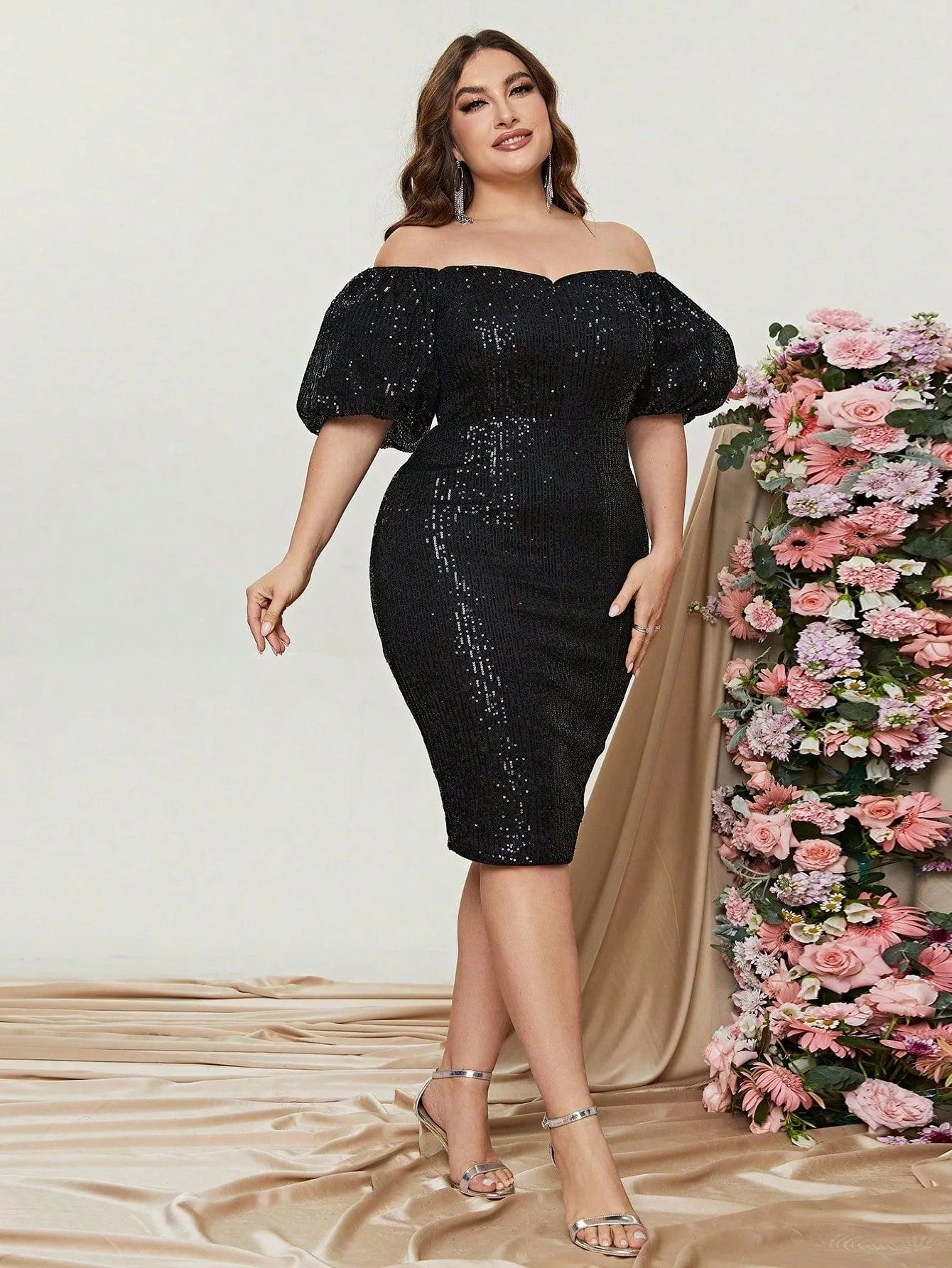 Plus Off Shoulder Puff Sleeves Sequin Midi Dress - Elonnashop