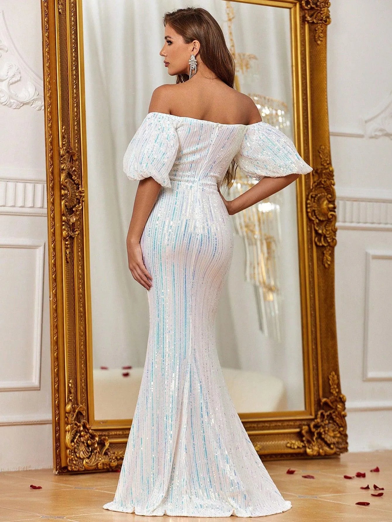 Elegant Off Shoulder Puff Sleeve Mermaid Prom Dresses - Elonnashop