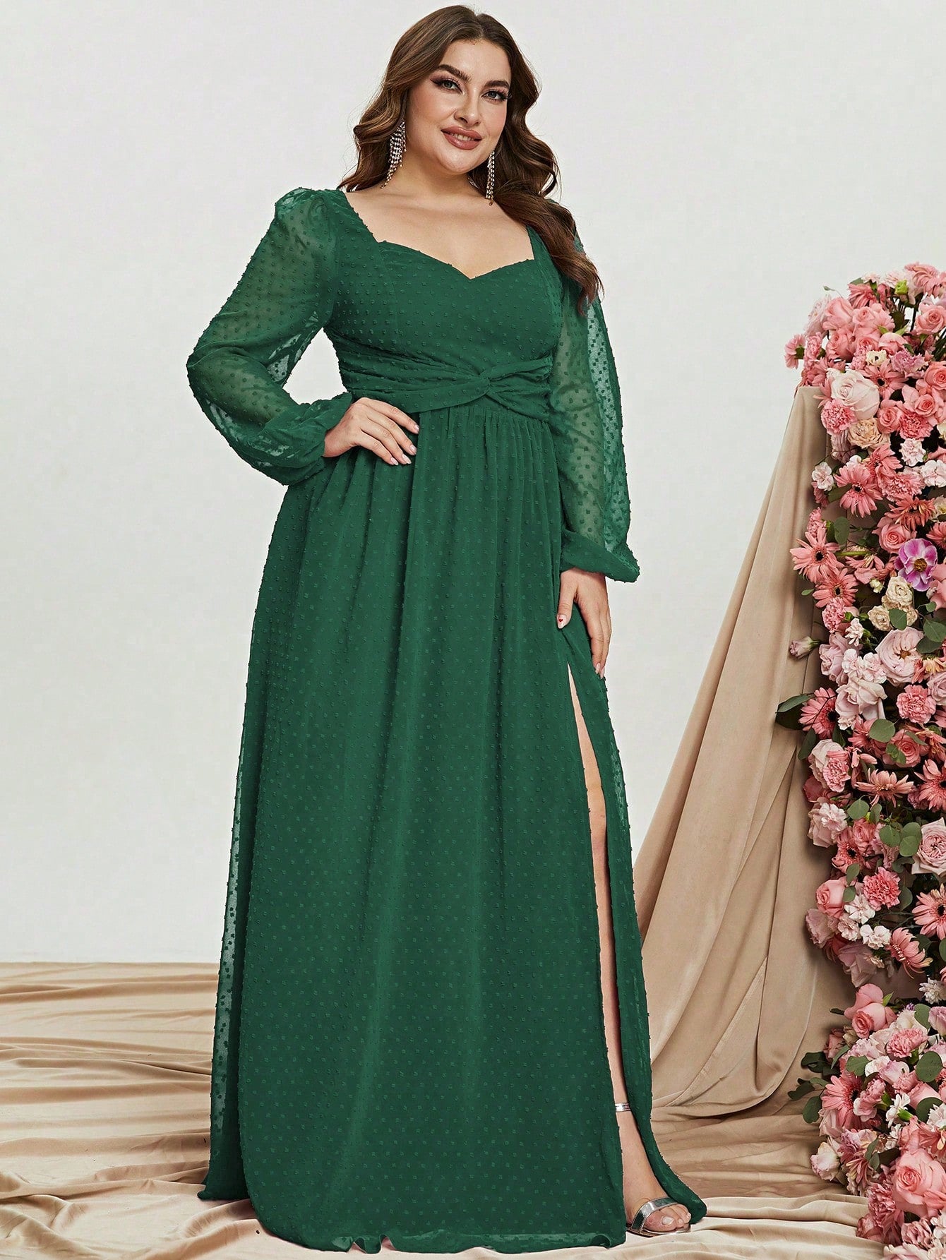 Plus Womens' Sweetheart Neck Lantern Sleeves Swiss Dot Chiffon A Line Dress Elonnashop Plus Womens' Sweetheart Neck Lantern Sleeves Swiss Dot Chiffon A Line Dress Elonnashop