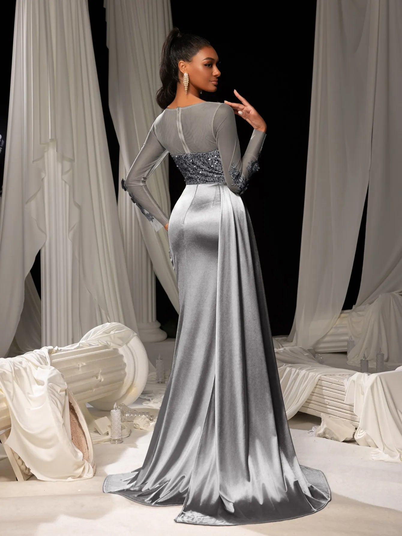 Elegant Sequin Bodice Sheer Sleeves Mermaid Hem Satin Evening Dress Elonnashop Elegant Sequin Bodice Sheer Sleeves Mermaid Hem Satin Evening Dress Elonnashop