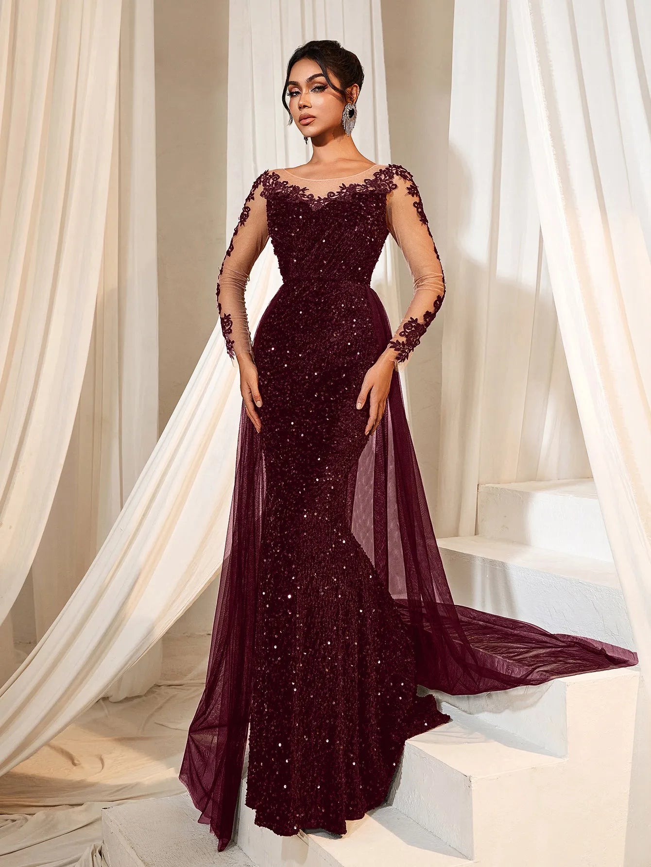 Elegant Sheer Sleeves Mesh Train Sequin Evening Dress Burgundy / L Elegant Sheer Sleeves Mesh Train Sequin Evening Dress Burgundy / L