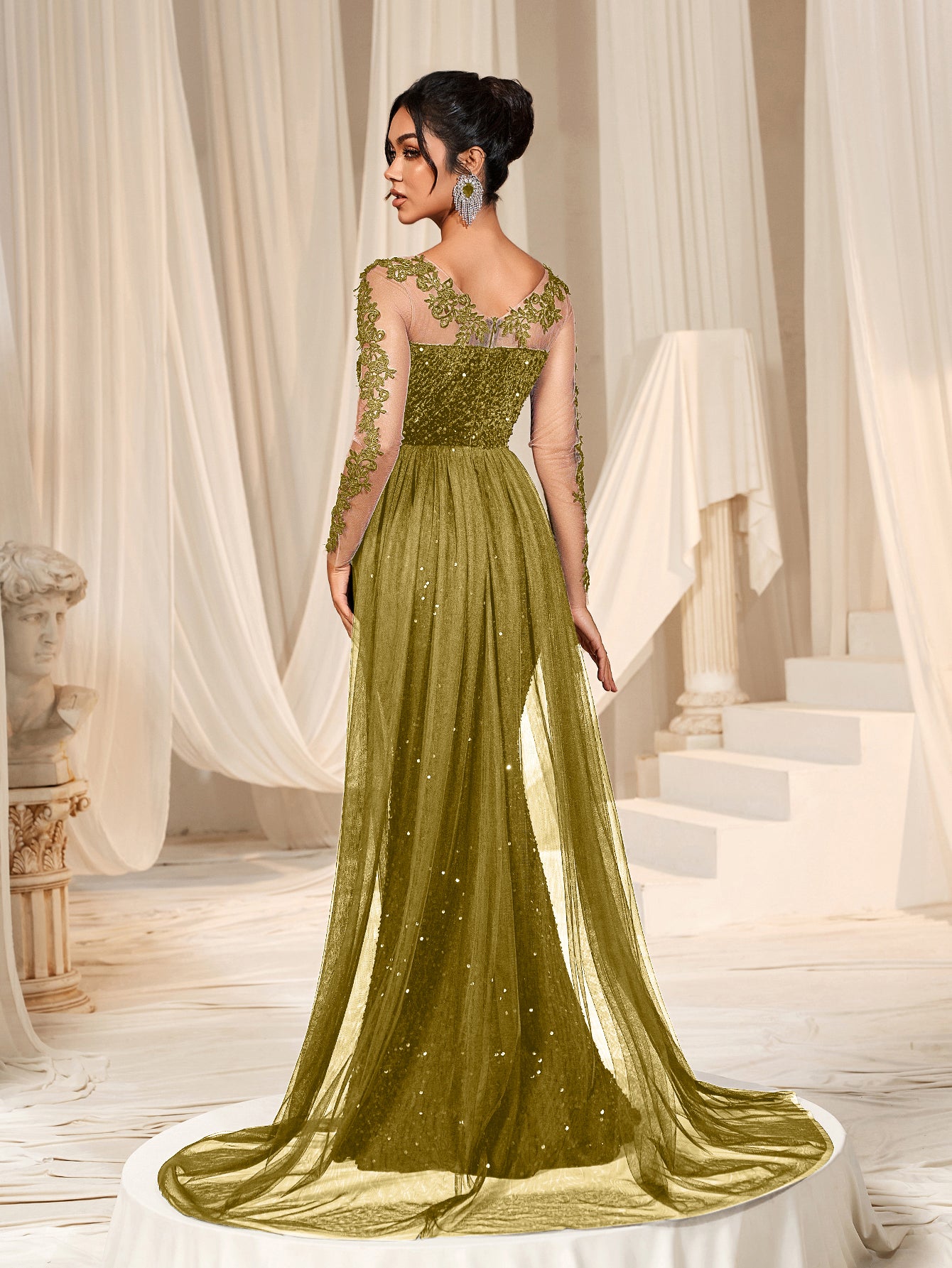 Elegant Sheer Sleeves Mesh Train Sequin Evening Dress