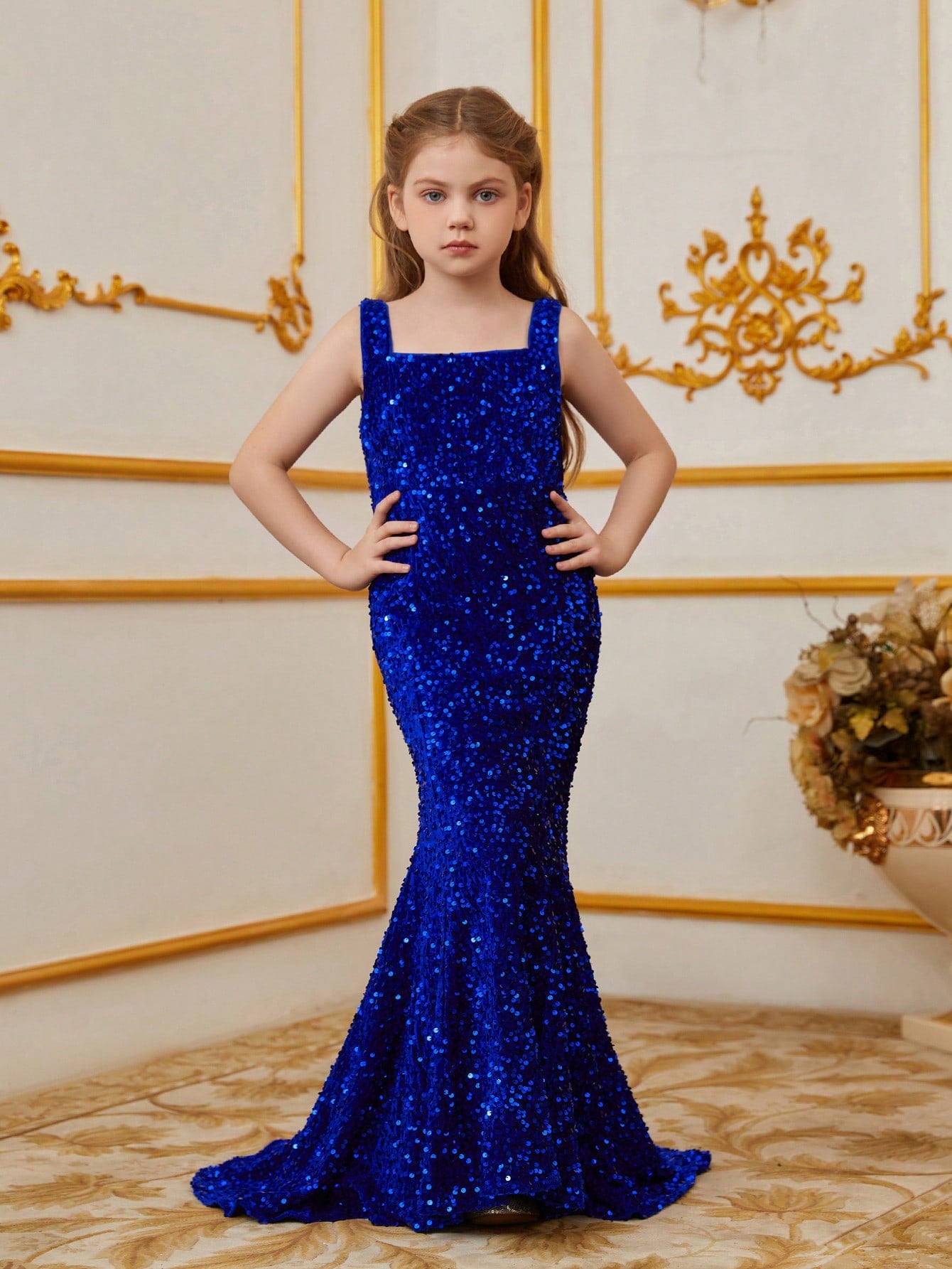 Tween Girls' Square Neck Sleeveless Mermaid Hem Sequin Party Dress