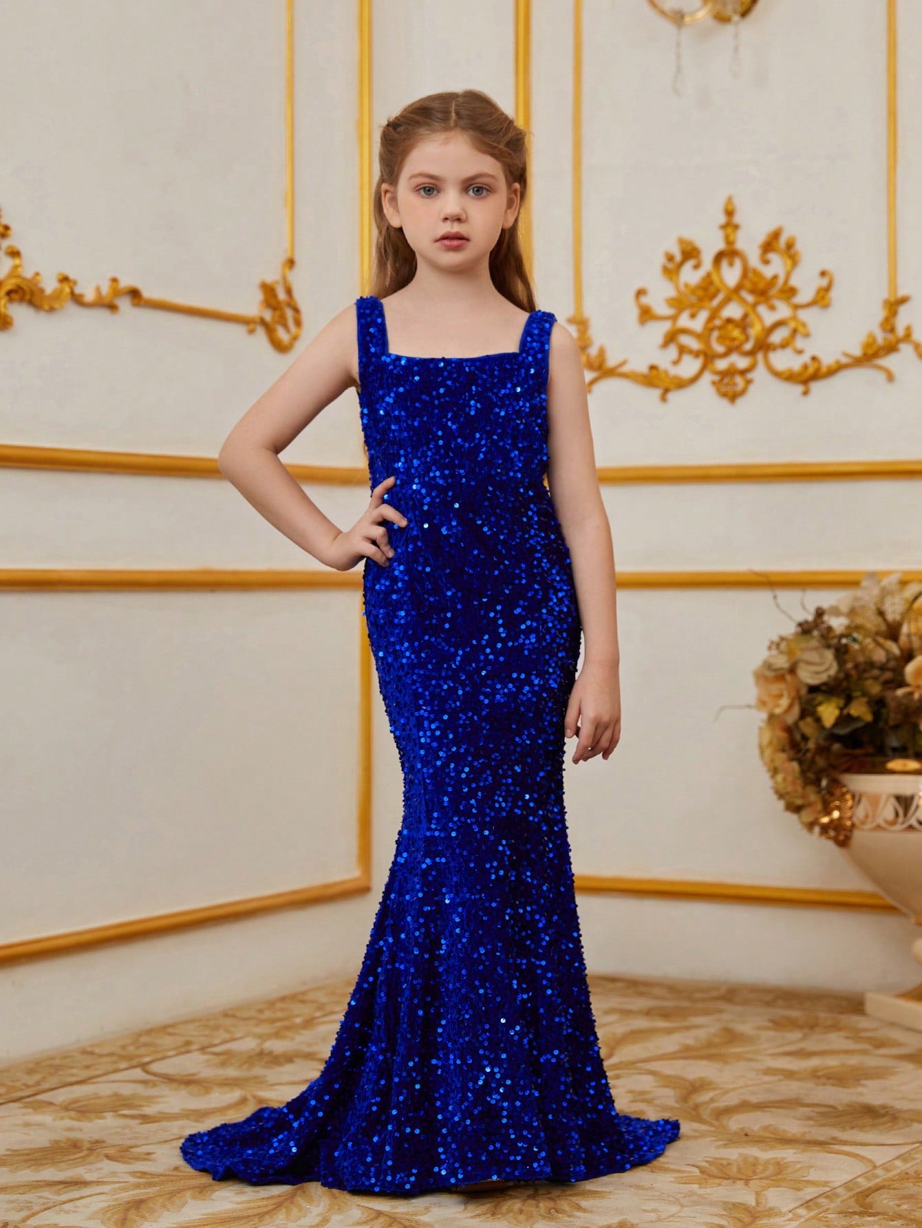 Tween Girls' Square Neck Sleeveless Mermaid Hem Sequin Party Dress