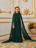 Tween Girl Mock-Neck Chiffon Cape Dress For Formal Occasions