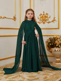 Tween Girl Mock-Neck Chiffon Cape Dress For Formal Occasions