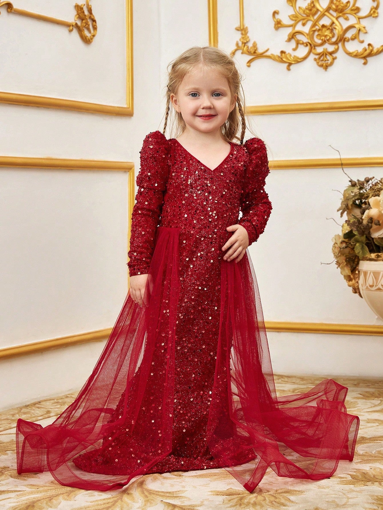 Young Girls' Long Sleeves Mesh Overlay Sequin Mermaid Dress