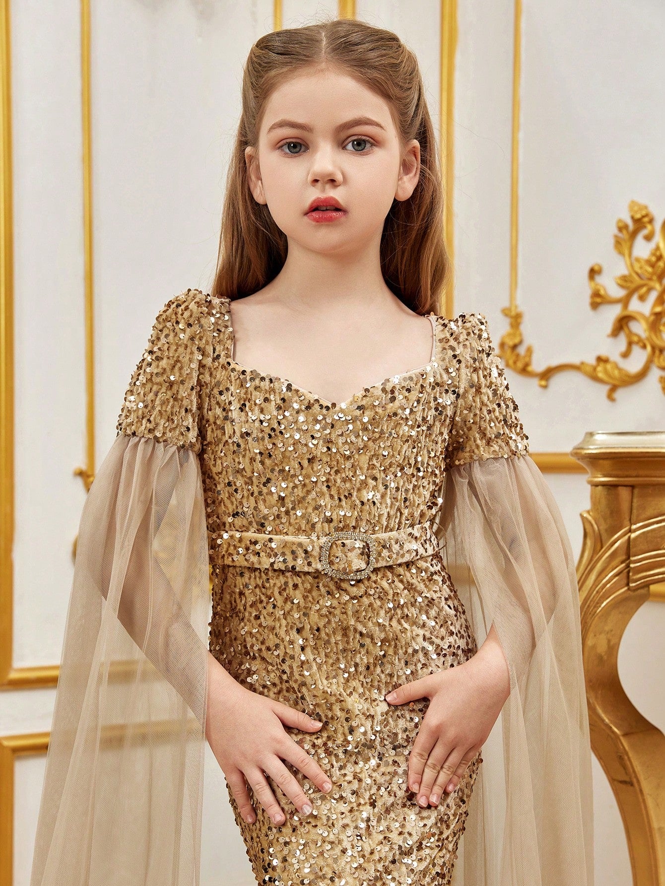 Tween Girls' SSweetheart Neck Cloak Sleeves Sequin Belted Party Dress