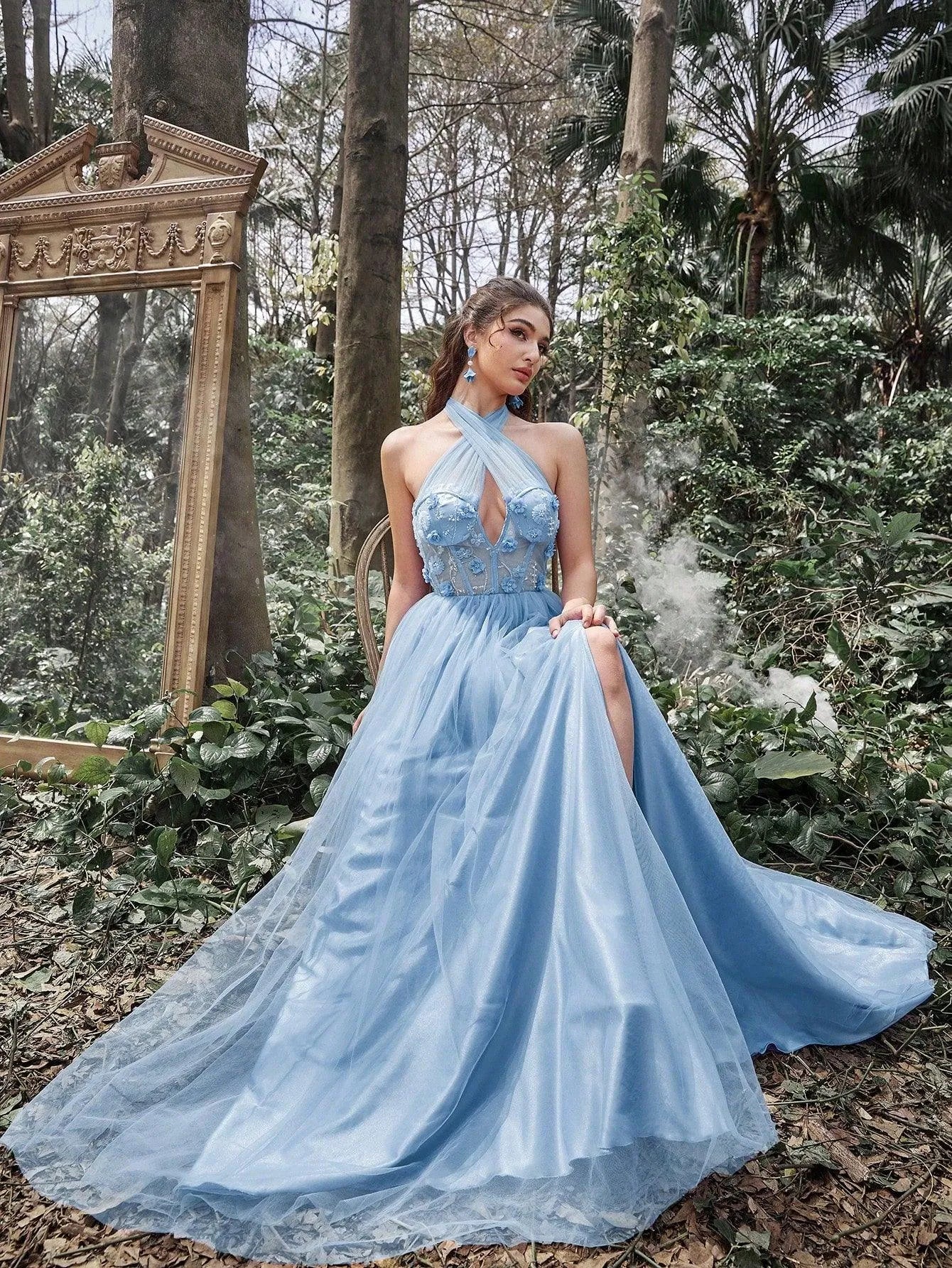 Dusty Blue Floral Bridesmaid Dresses BABARONI Tulle Mist Bridesmaid Dresses A-line Illusion Sleeveless Floor-length Dusty Blue Floral Bridesmaid Dresses BABARONI Tulle Mist Bridesmaid Dresses A-line Illusion Sleeveless Floor-length