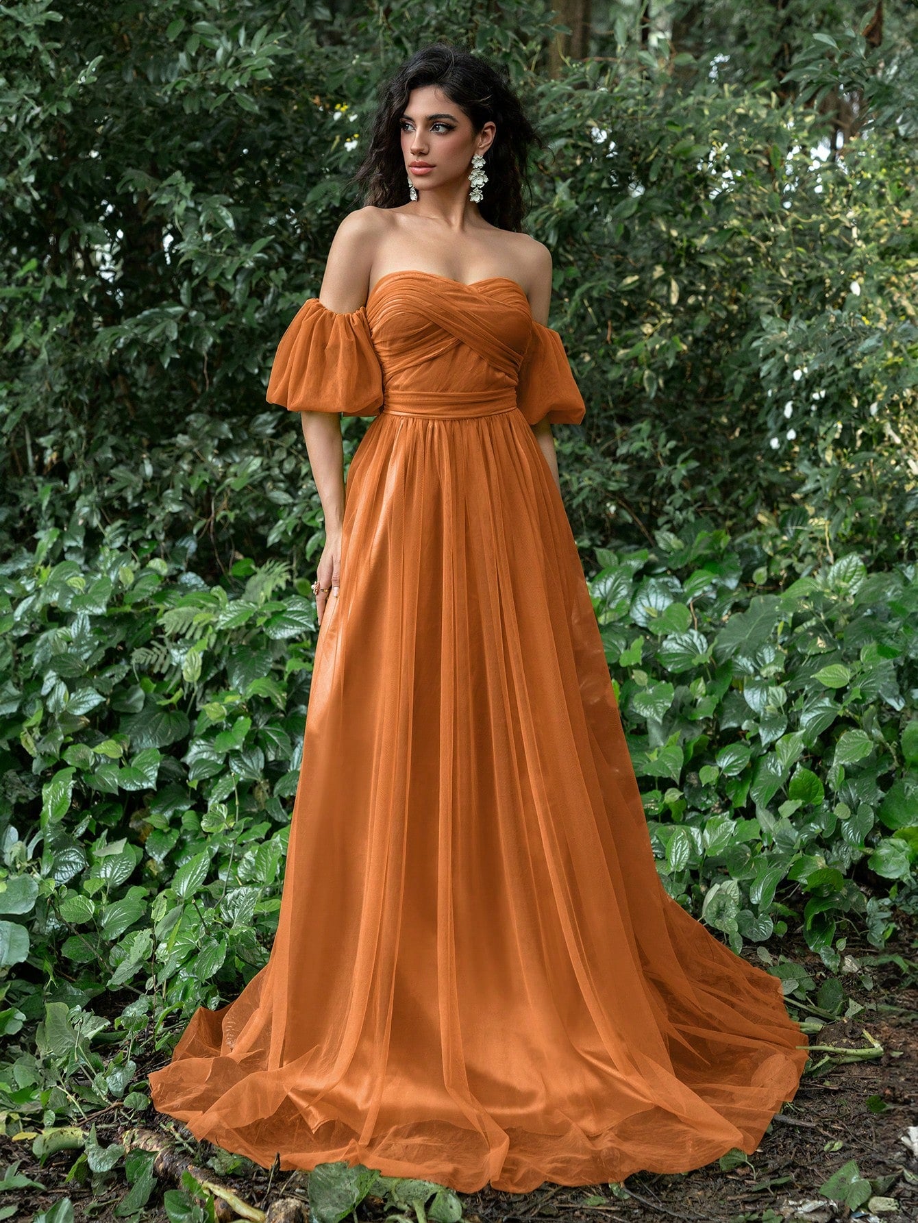 Solid Off Shoulder Ruched Front Puff Sleeves Tulle Prom Dress Elonnashop Solid Off Shoulder Ruched Front Puff Sleeves Tulle Prom Dress Elonnashop