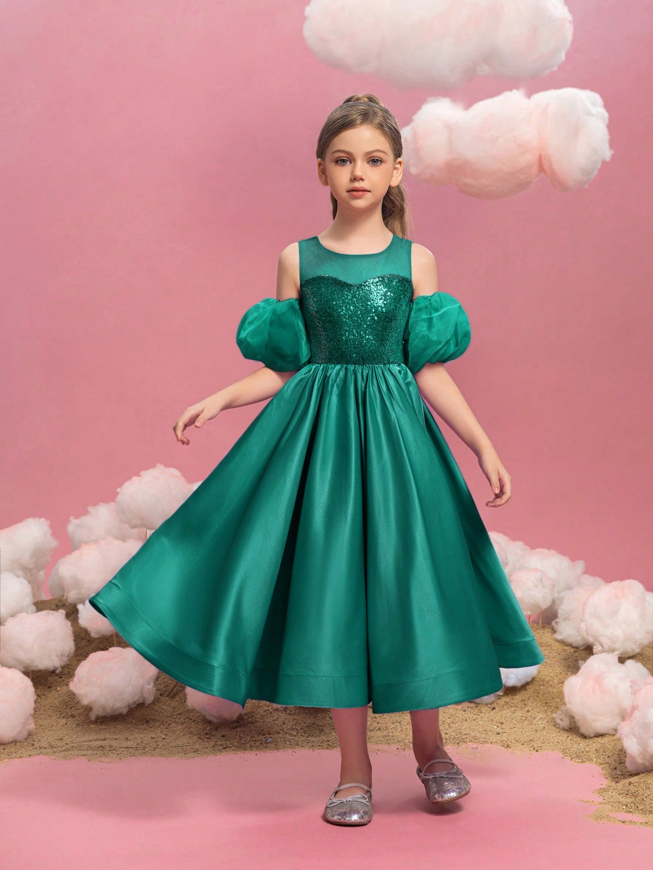 Tween Girls' Puff Sleeve Sequin Contrast Satin Dress Dark Green / 8Y Tween Girls' Puff Sleeve Sequin Contrast Satin Dress Dark Green / 8Y