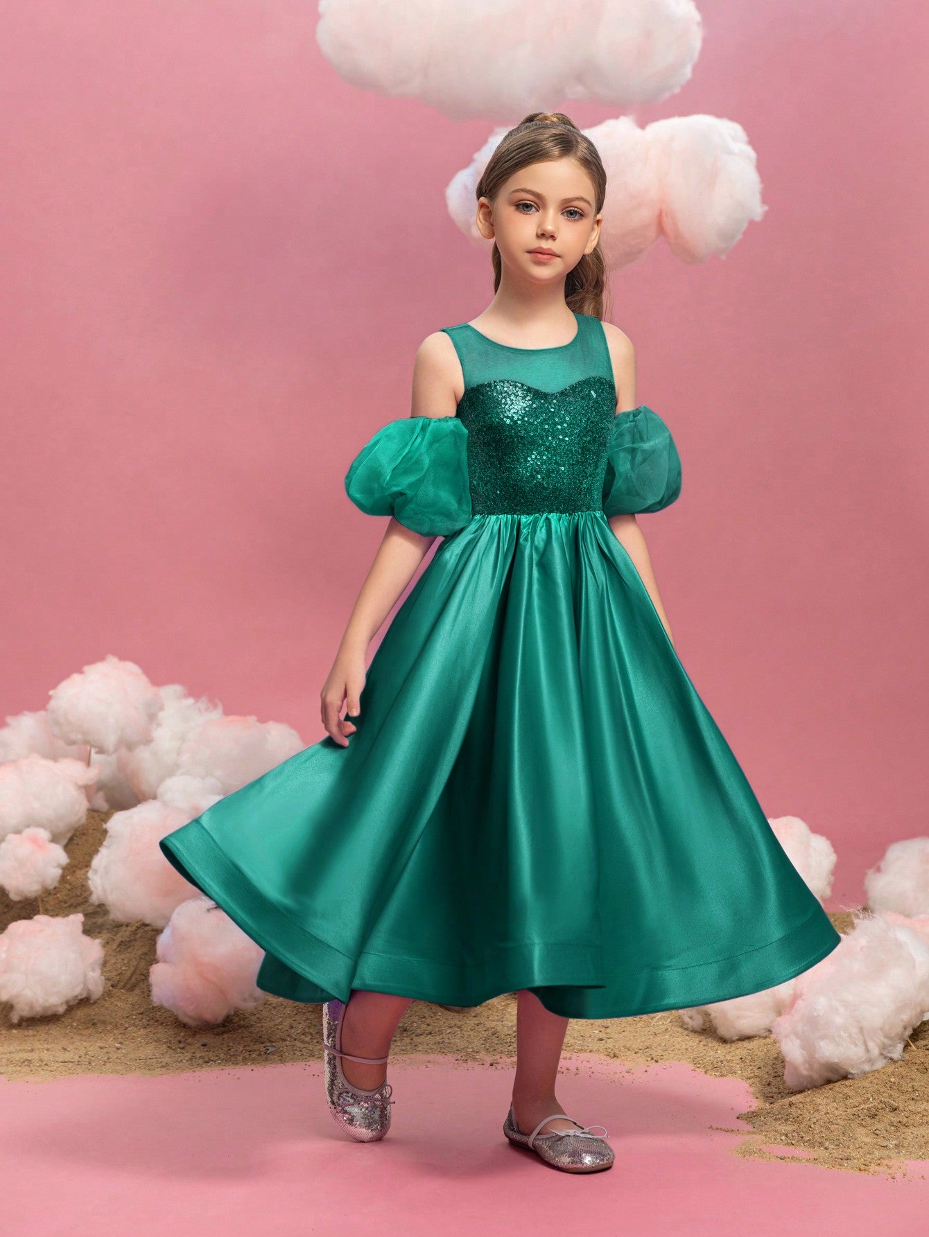 Tween Girls' Puff Sleeve Sequin Contrast Satin Dress