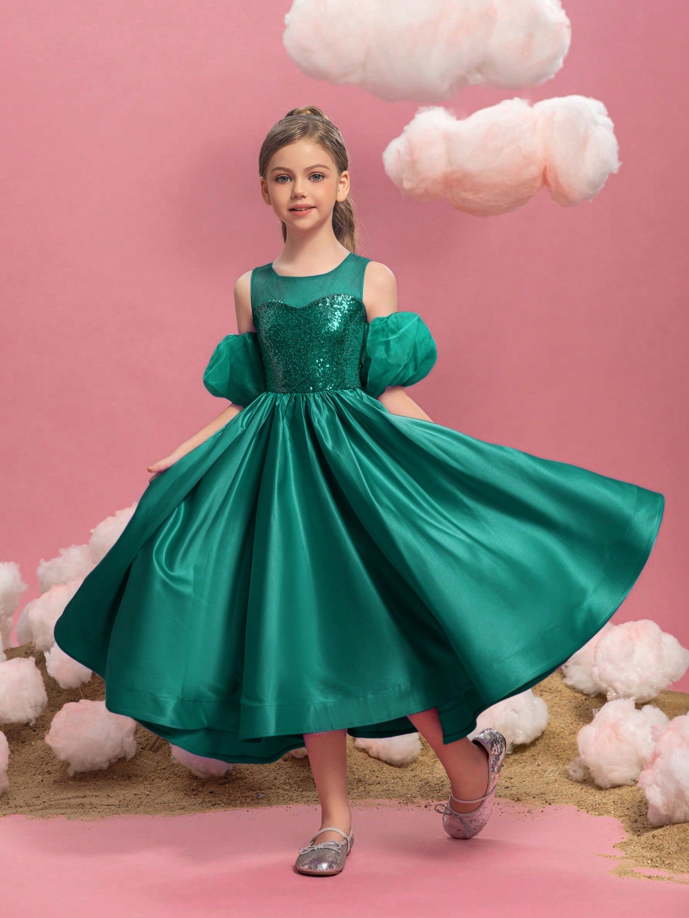 Tween Girls' Puff Sleeve Sequin Contrast Satin Dress