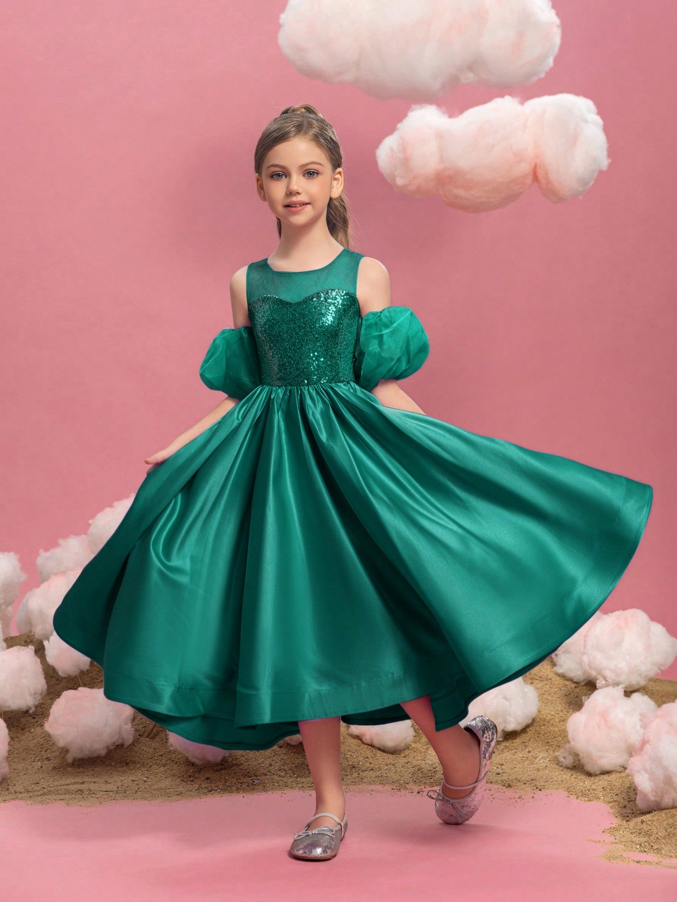 Tween Girls' Puff Sleeve Sequin Contrast Satin Dress Dark Green / 8Y Tween Girls' Puff Sleeve Sequin Contrast Satin Dress Dark Green / 8Y