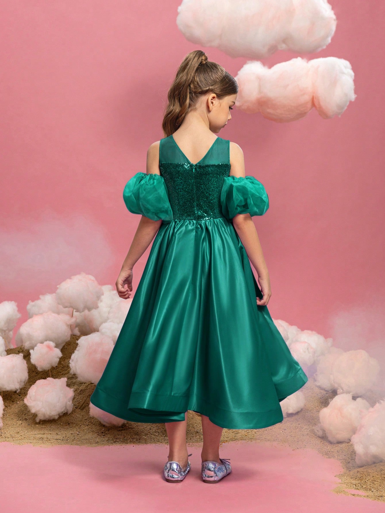 Tween Girls' Puff Sleeve Sequin Contrast Satin Dress