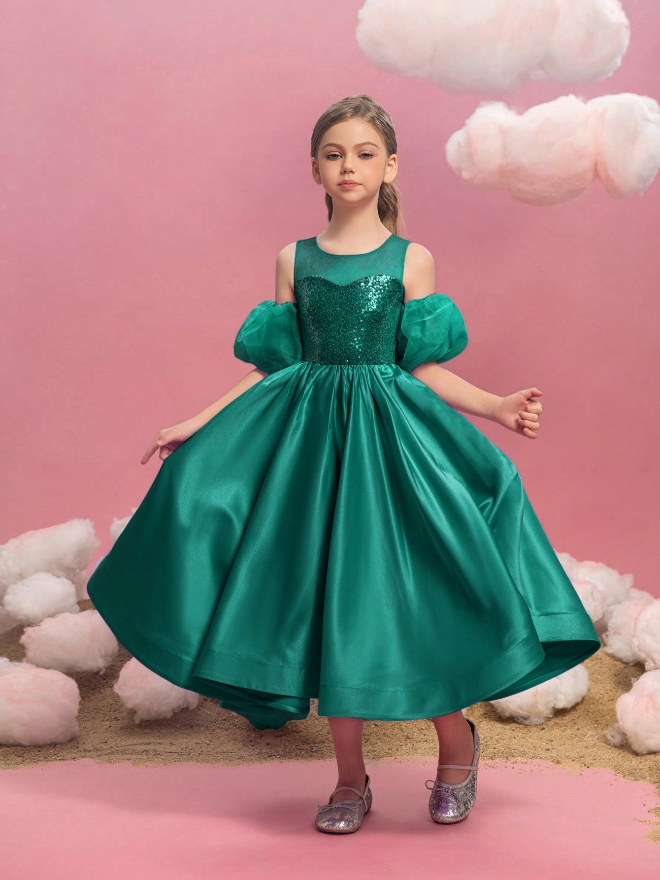 Tween Girls' Puff Sleeve Sequin Contrast Satin Dress