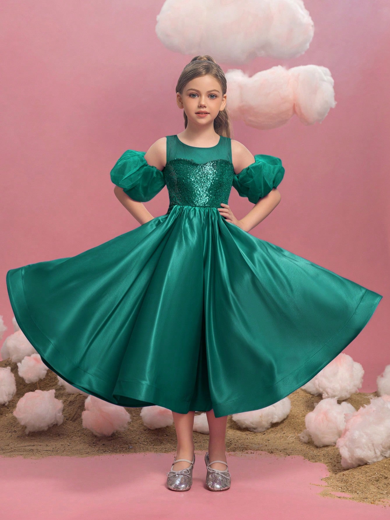 Tween Girls' Puff Sleeve Sequin Contrast Satin Dress