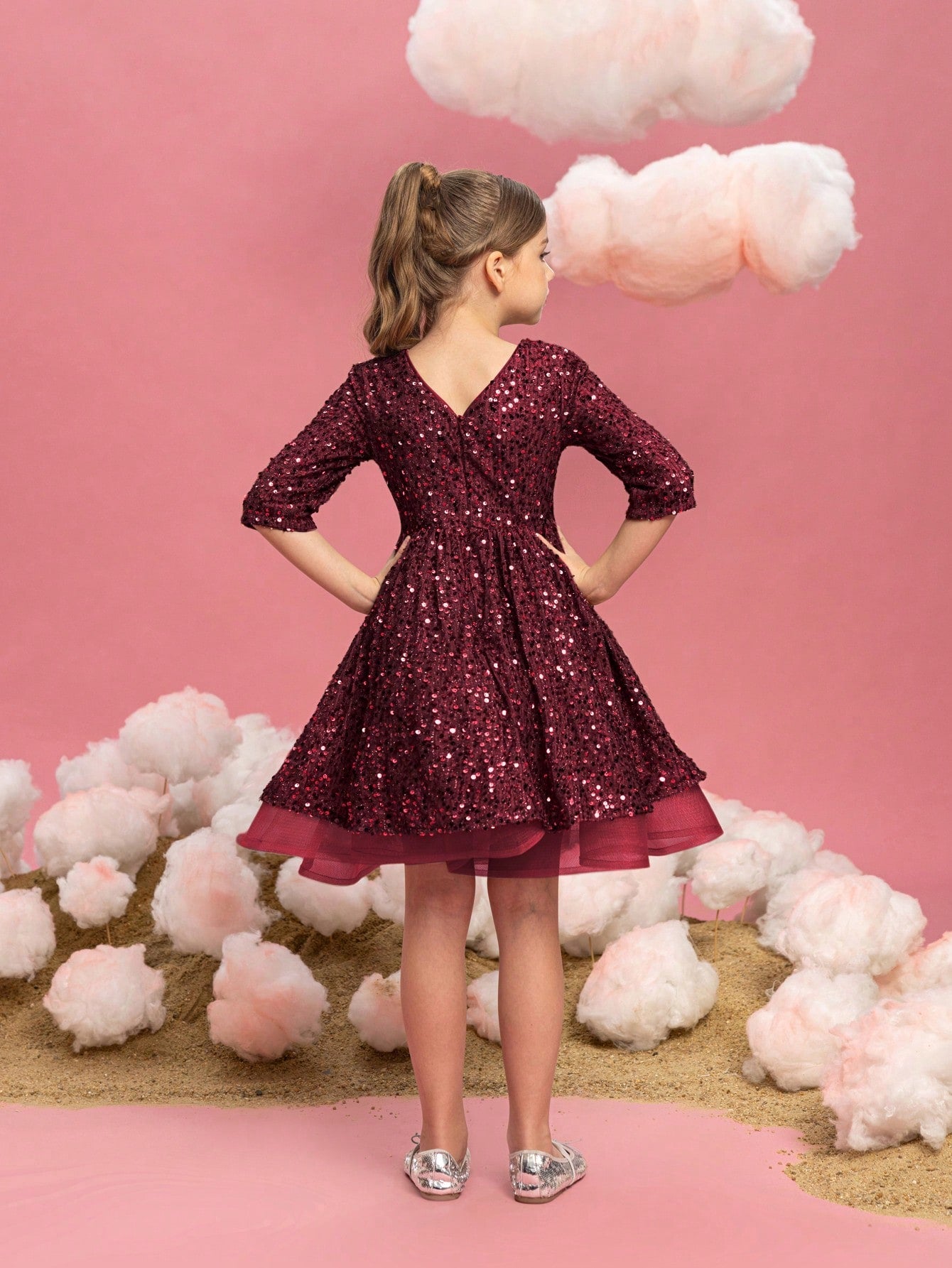 Tween Girls' Bow Detail 3/4 Sleeve Sequin Party Dress