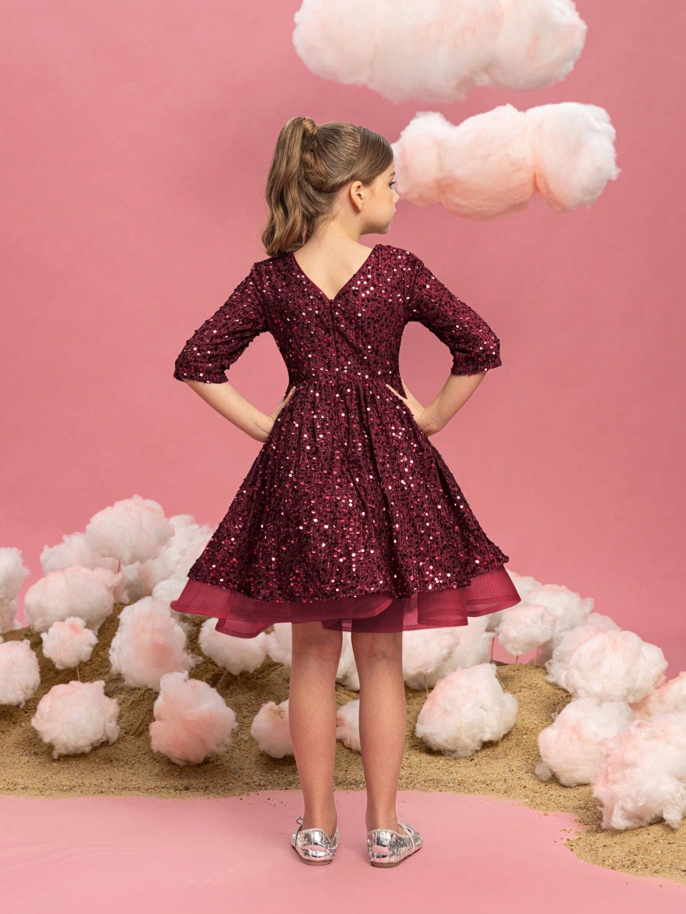 Tween Girls' Bow Detail 3/4 Sleeve Sequin Party Dress Dark Green / 9Y Tween Girls' Bow Detail 3/4 Sleeve Sequin Party Dress Dark Green / 9Y