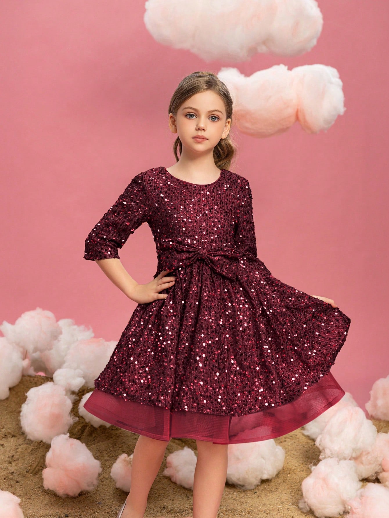 Tween Girls' Bow Detail 3/4 Sleeve Sequin Party Dress