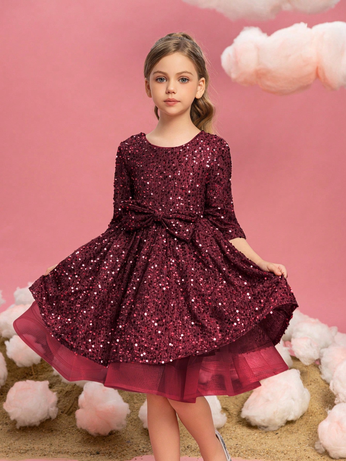 Tween Girls' Bow Detail 3/4 Sleeve Sequin Party Dress