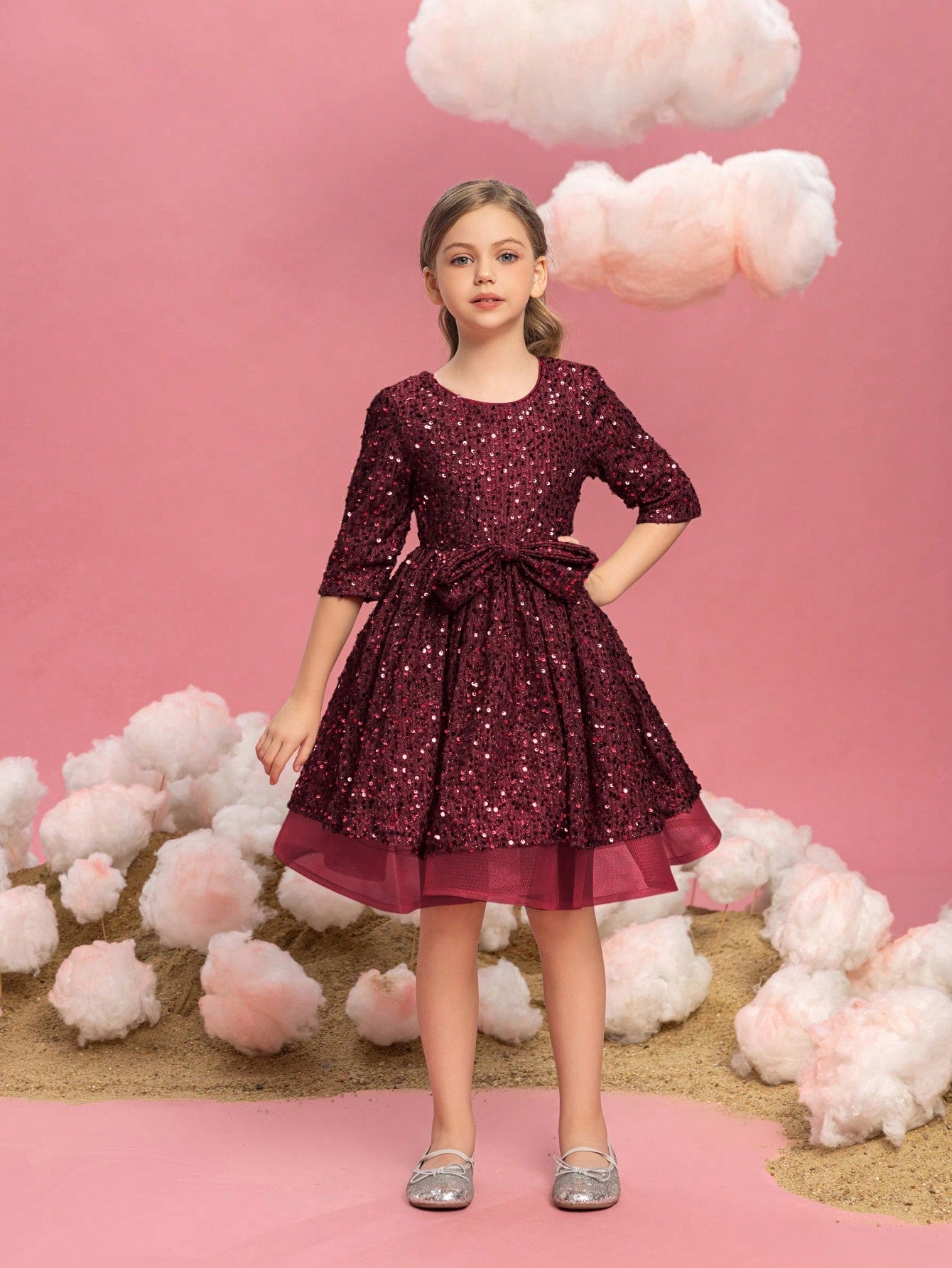 Tween Girls' Bow Detail 3/4 Sleeve Sequin Party Dress