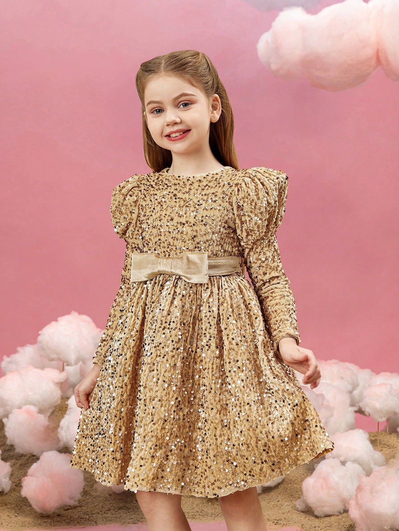 Tween Girls' Bow Decoration Gigot Sleeves Sequin Midi Dress Party Dress