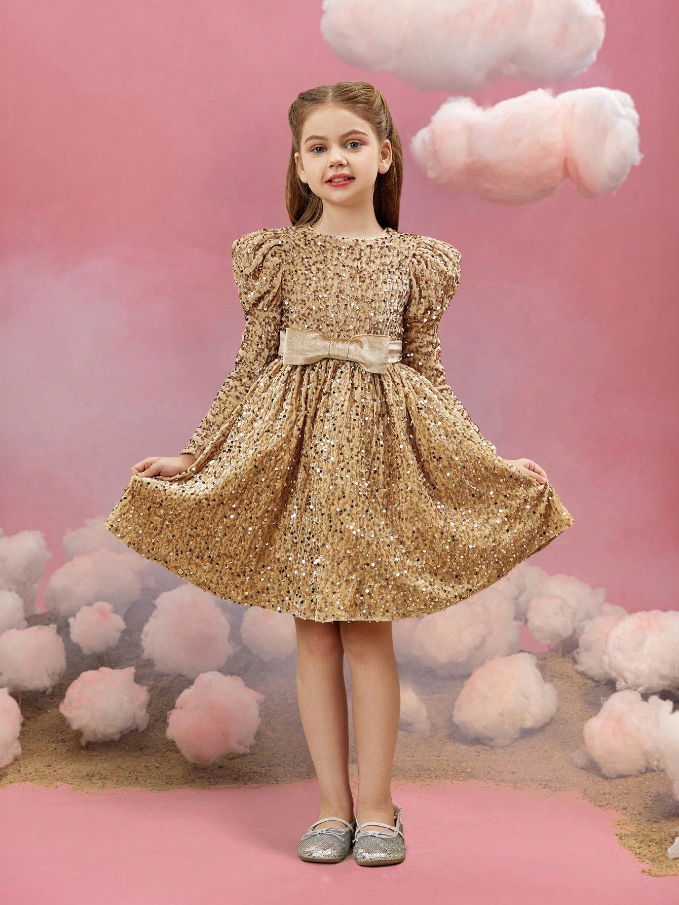 Tween Girls' Bow Decoration Gigot Sleeves Sequin Midi Dress Party Dress