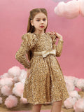 Tween Girls' Bow Decoration Gigot Sleeves Sequin Midi Dress Party Dress