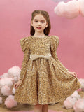 Tween Girls' Bow Decoration Gigot Sleeves Sequin Midi Dress Party Dress