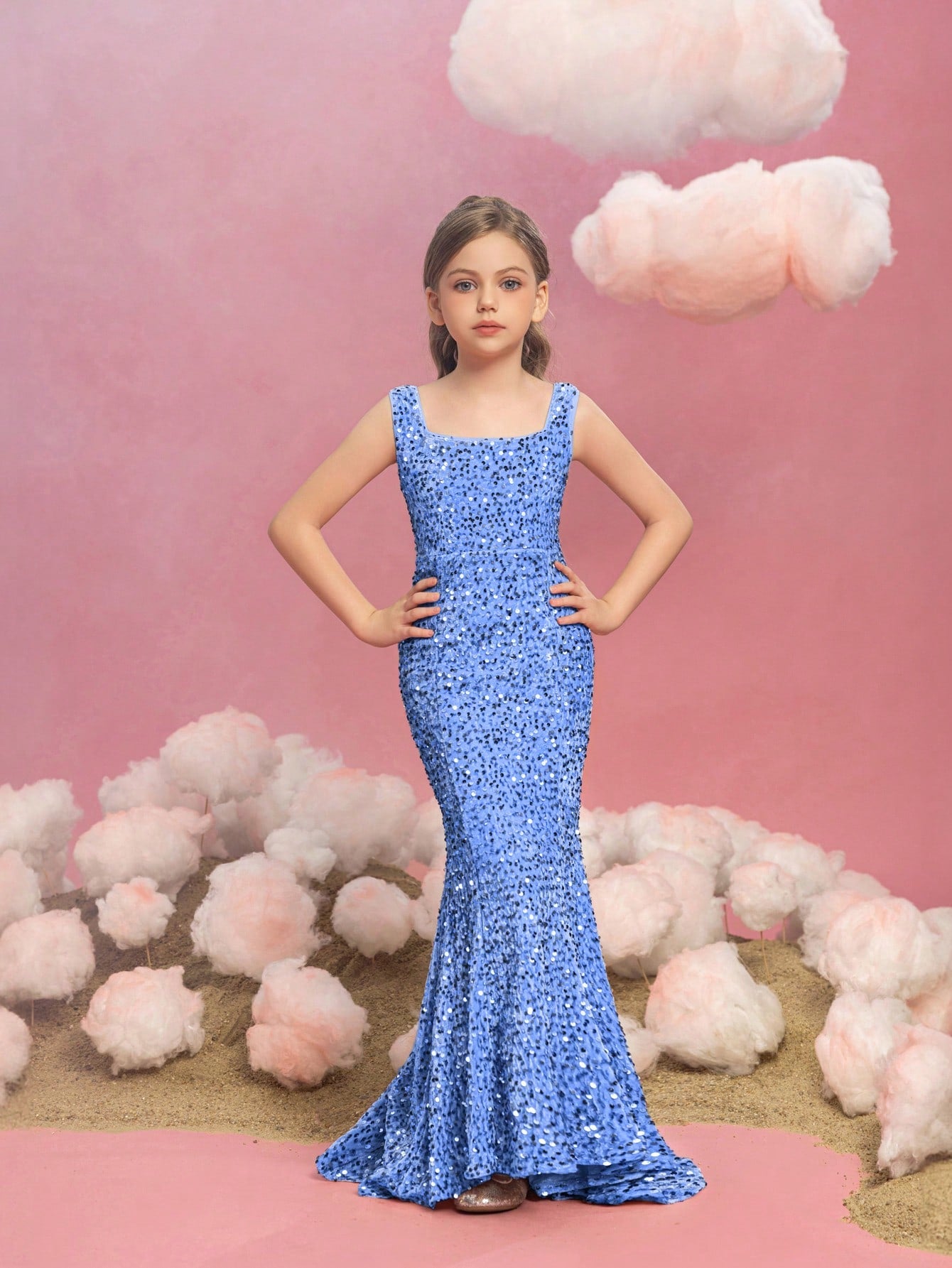 Tween Girls' Square Neck Sleeveless Mermaid Hem Sequin Party Dress