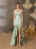 Elegant Strapless Fitted Mermaid Evening Gown With Asymmetrical Ruffle Floor-Length Hem, Suitable For Wedding, Reception, Formal Dinner